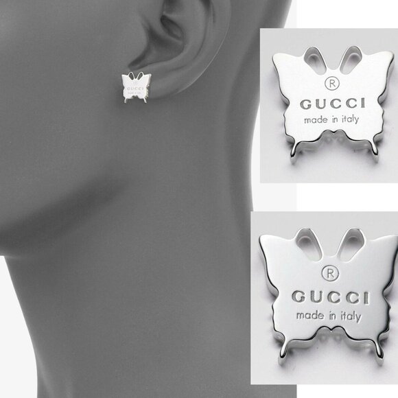 GUCCI EARRINGS STERLING SILVER BUTTERFLY STUD TRADEMARK LOGO - Picture 1 of 8